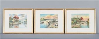Three works: Untitled Landscape Scenes Featuring Rivers (3) - Maung Lar Ban