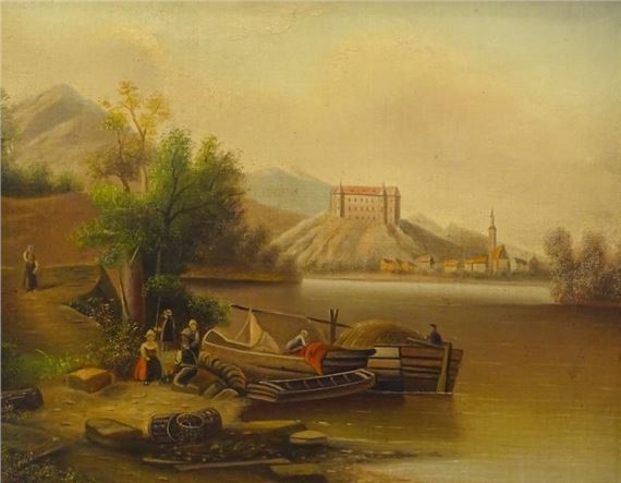 Continental School, 19th Century | River scene with figures and barge ...