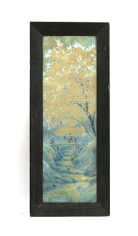 A Japanese watercolour, by D Hayashi, with figures walking on a bridge over a stream by a blossoming tree - D. Hayashi