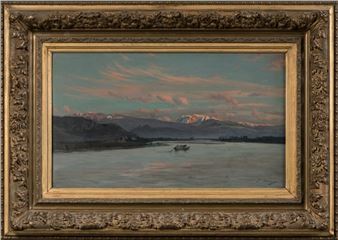 PAYSAGE AU BATEAU SUR LAC DE MONTAGNE - Ernest Victor Hareux