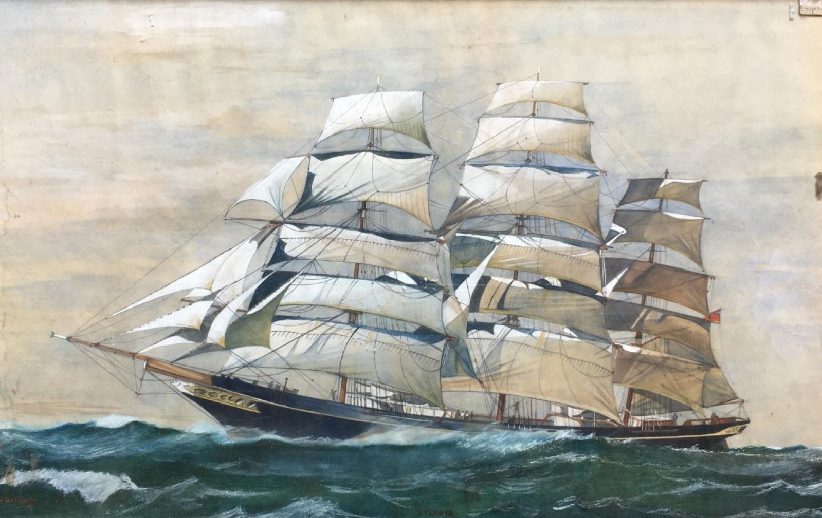 Artwork by William Desborough, The three-masted "Titania", Made of Watercolor drawing on pencil strokes and white gouache highlights