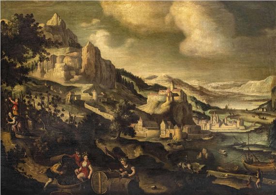Phantastische Landschaft mit Schloss und Befestigungsanlagen sowie bei der Traubenernte Arbeitenden (Allegorie des Herbstes, wohl aus einer Jahreszeiten-Serie) by Marten van Valckenborch