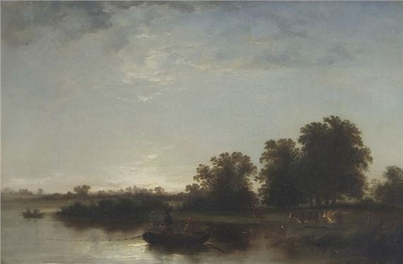 River landscape with figures in boats and cattle to water's edge by John Crome