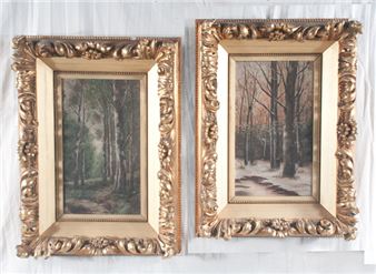 Two works: Winter forest scene with trees and snow; Spring forest scene with trees and river - C. Vetter