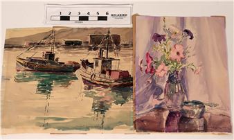 Two Works: A still-life of vibrant flowers; a waterfront boats scene - Mabel George Haig