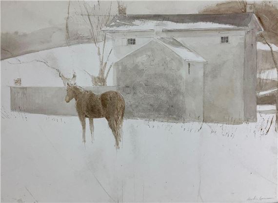 Rural winter scene with outbuildings and brown horse by Sebastian Upson