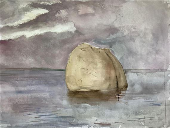 Large gray rock in the middle of a calm lake with gray skies by Sebastian Upson