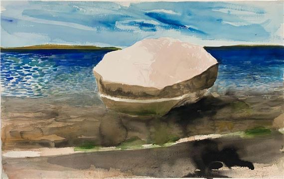 Coastal landscape with a large rock. by Sebastian Upson
