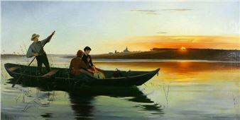 Drei Personen im Kahn. Überfahrt im Schein der untergehenden Sonne mit Blick auf Werder, von Geltow aus gesehen - Josephine Söborg-Merz