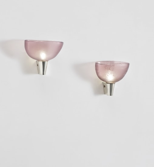 Artwork by Carlo Scarpa, Pair of wall lights, model no. 442, Made of Corroso glass, nickel-plated brass.