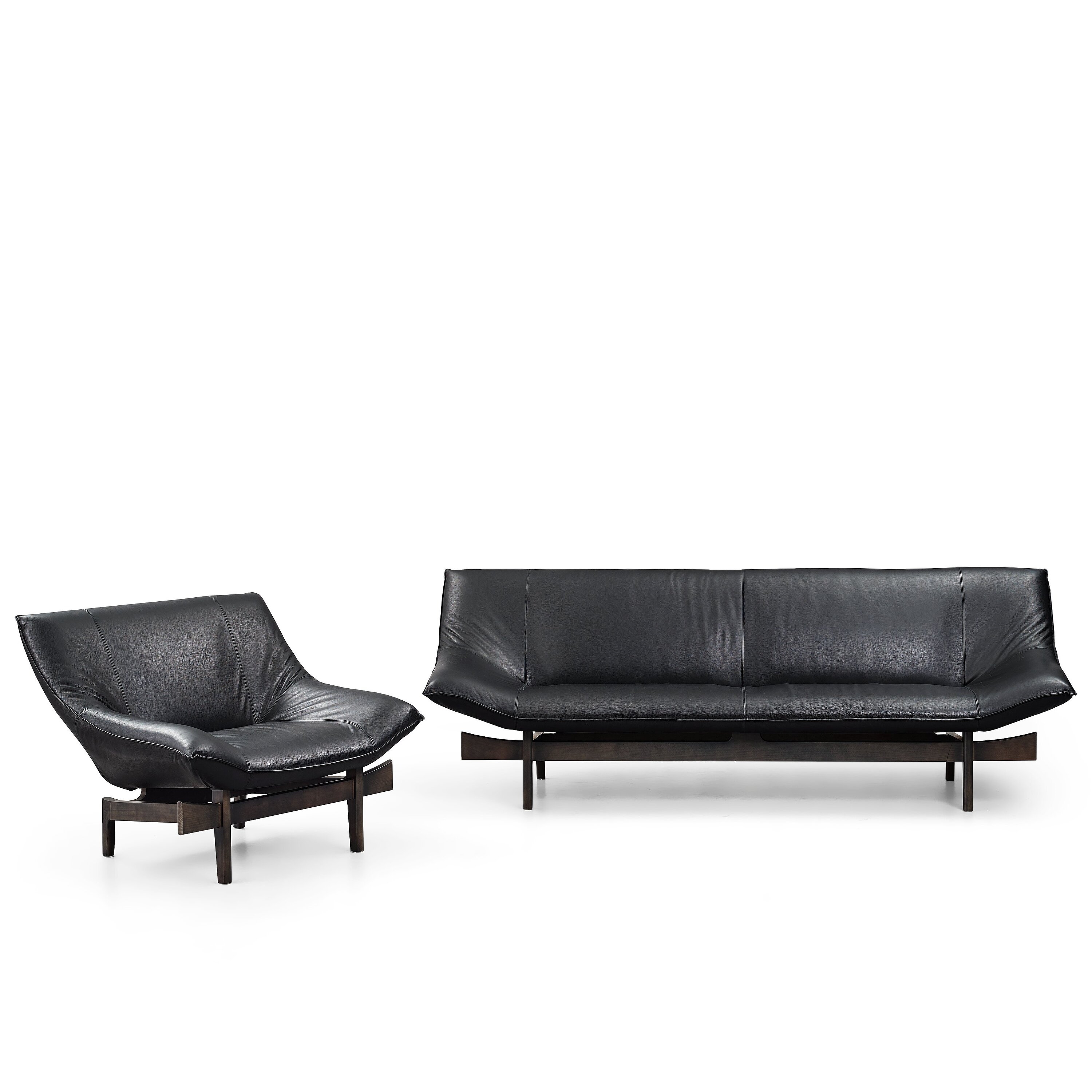 Artwork by Erik Marquardsen, a "model 84" sofa and easy chair, Made of Black lacquered wood and black leather