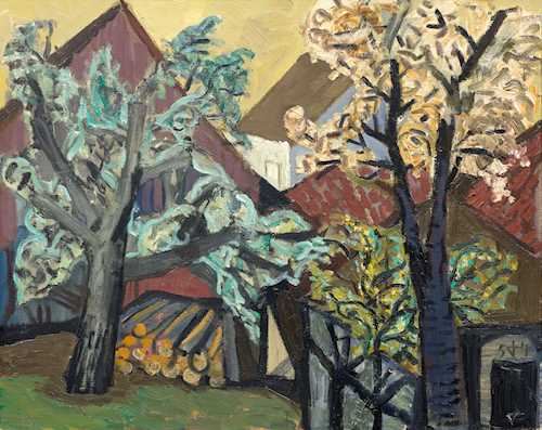 Blühende Bäume im Dorf (Blooming trees in the village) by Otto Dix, 1954