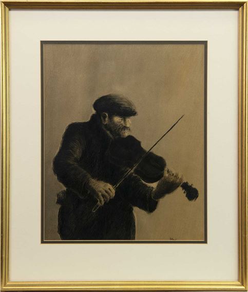 A framed charcoal drawing of a bearded figure playing the violin.