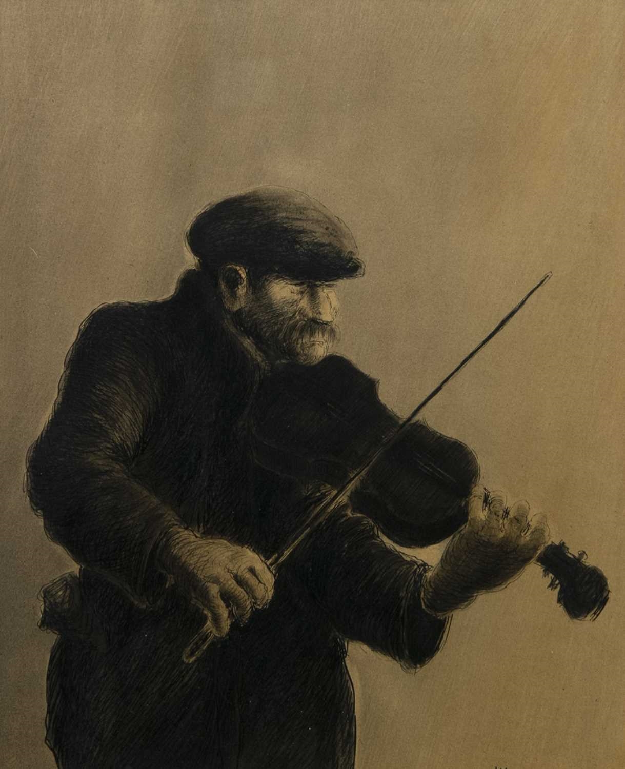 A framed charcoal drawing of a bearded figure playing the violin.