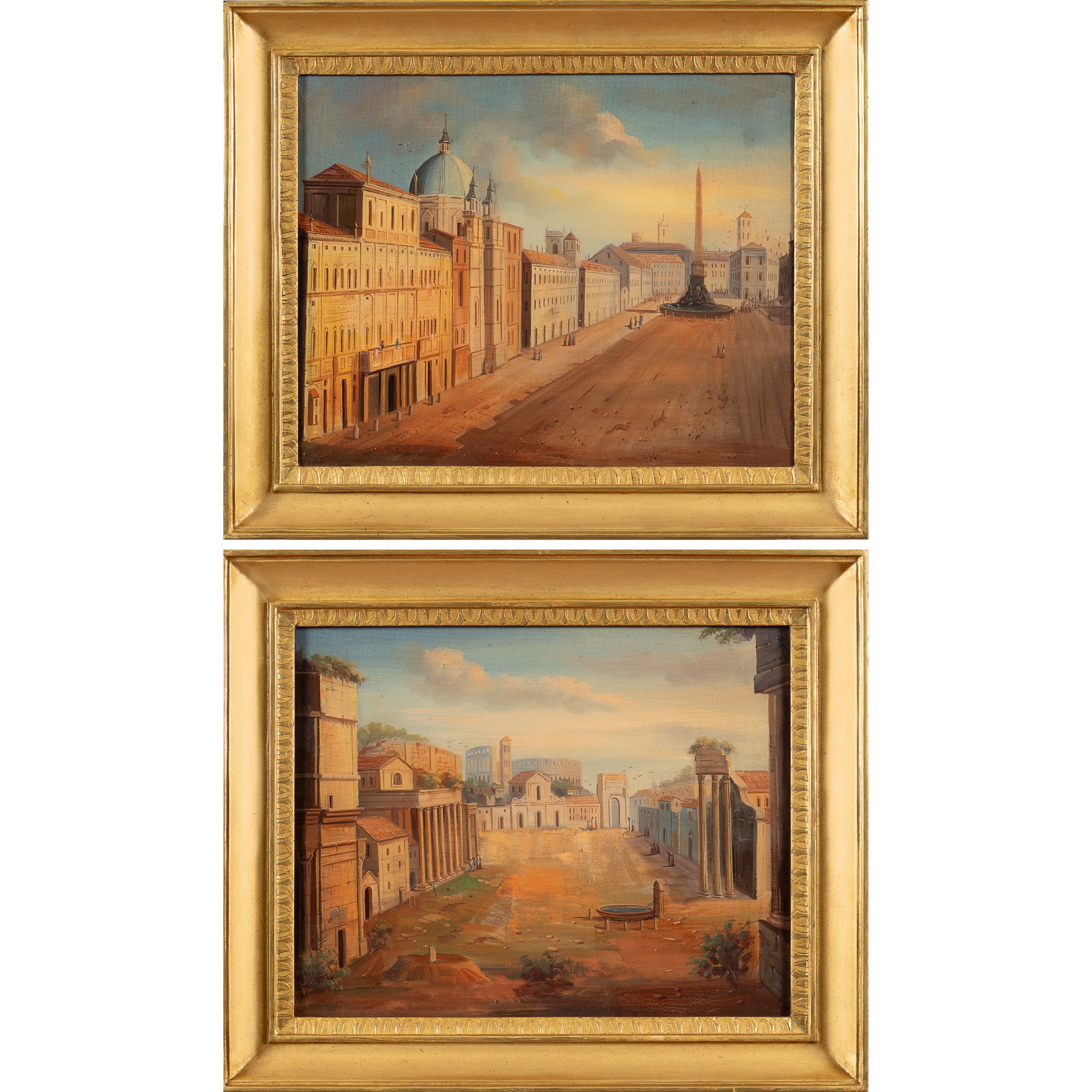 Artwork by Roman School, 20th Century, Views of Rome: Piazza Navona and Macel de 'Corvi, Made of oils on canvas