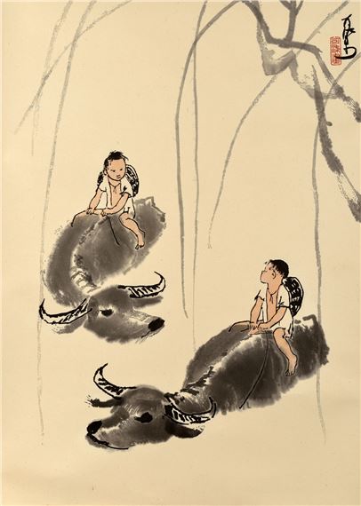 COWHERDS RIDING BUFFALOS by Li Keran, 1950s