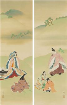 Pine planting; Young leaves picking (a pair of scrolls) - Ogyu Tensen