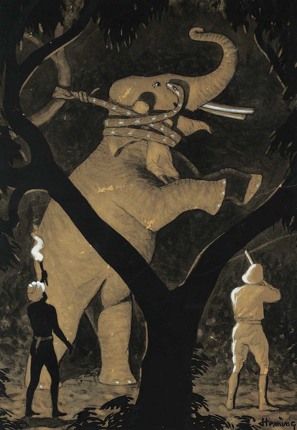 Artwork by Arthur Heming, Two works: Great as Was The Elephant's Strength, She Could Not Break the Python's Deadly Grasp, Made of gouache on paper