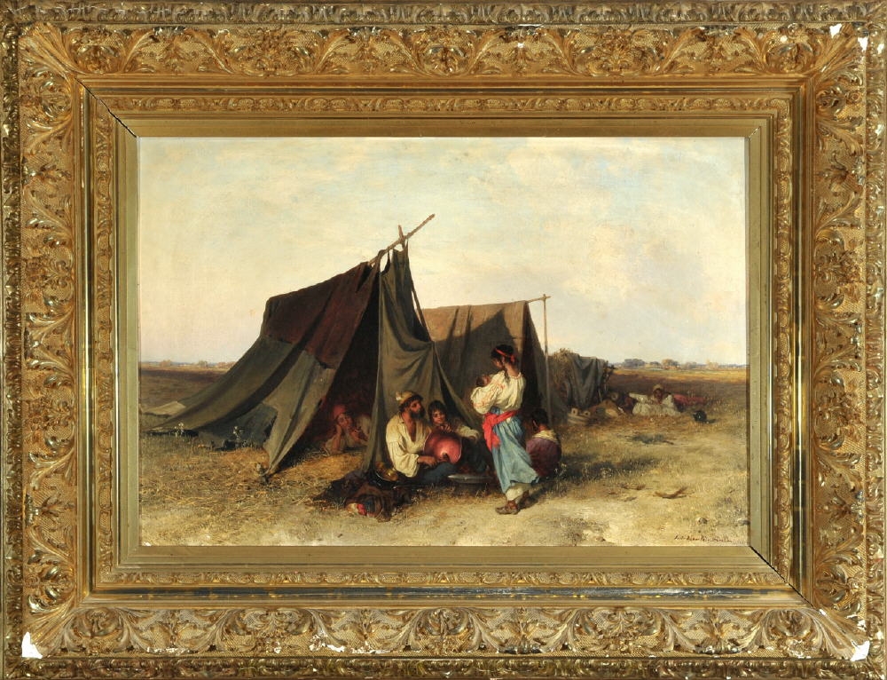 Artwork by Pal Böhm, Familie vor ihrem Lager in der Puszta, Made of oil / canvas