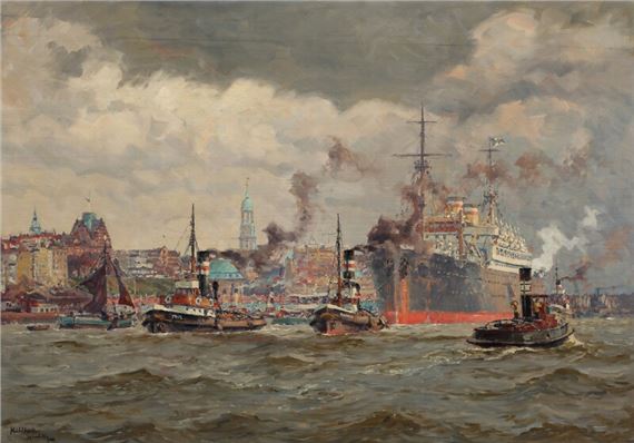 View from the Port of Hamburg with tugs and a larger passenger ship by Adolf Mühlhan