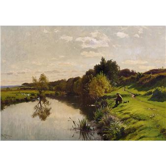 Pêcheur au bord de la rivière. - Alfred Renaudin