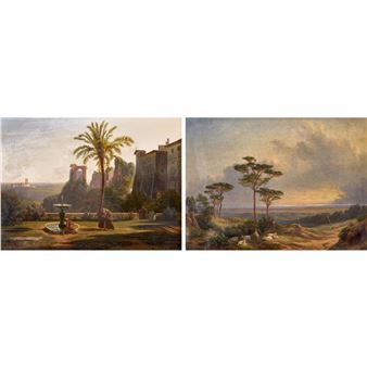 Two Works: Auf der Terrasse des Franziskanerklosters San Bonaventura al Paladin. / Weite Landschaft mit Ziegenherde - Maximilien De Meuron