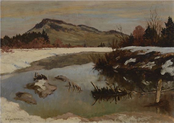 southern German winter landscape by the lake by Adolf Kapfhamer