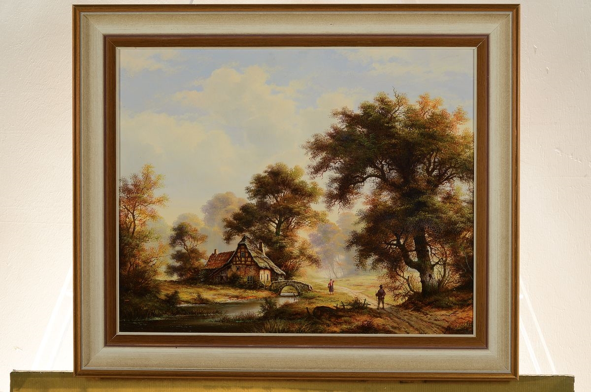 Artwork by Heinz Stienen, early autumnlandscape with a farmhouse, Made of oil / wood