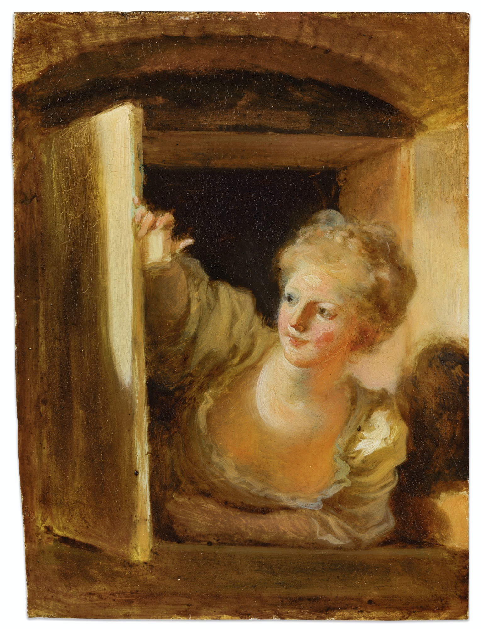 Artwork by Jean-Honoré Fragonard, A YOUNG WOMAN LEANING OUT OF A WINDOW, Made of Oil on panel