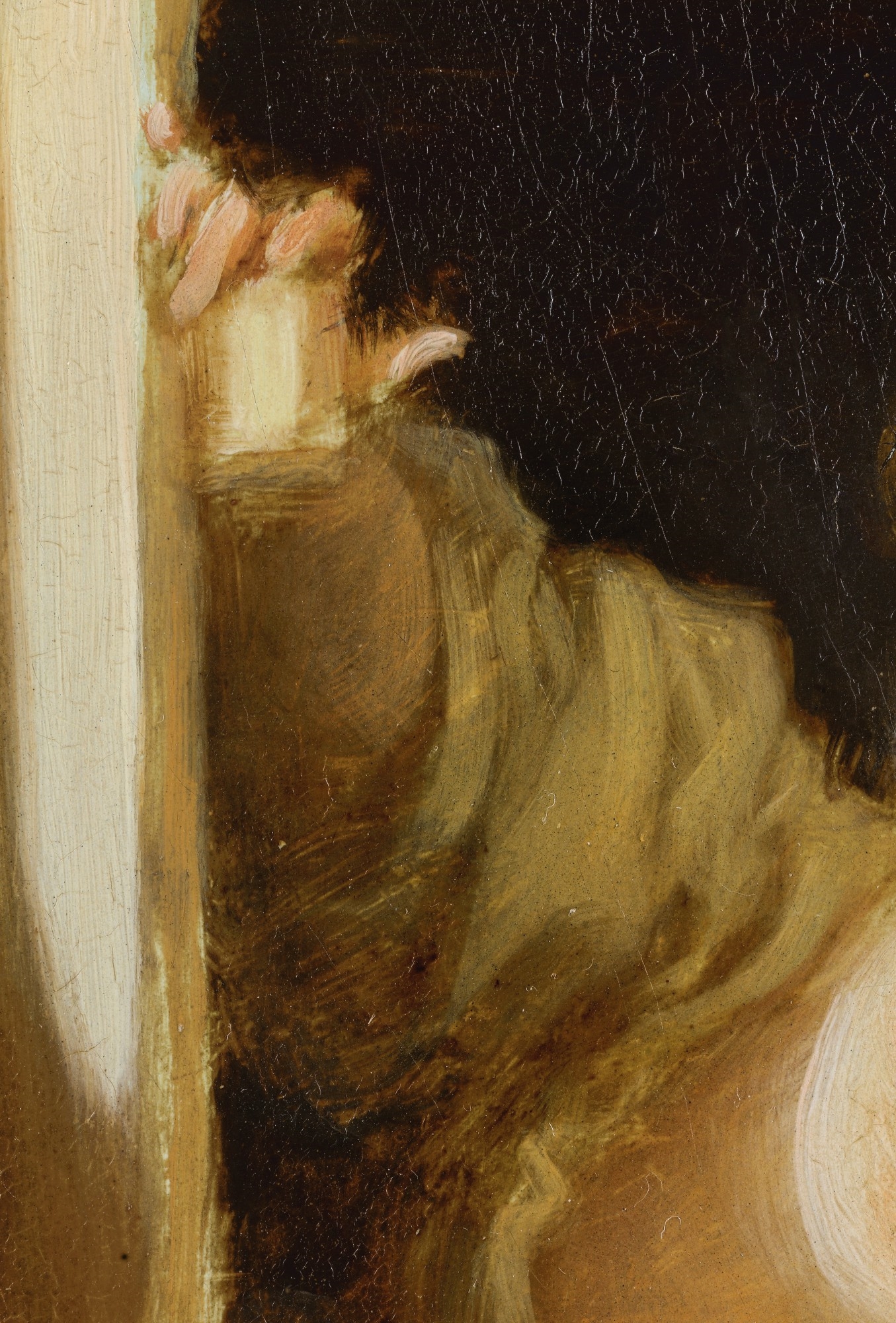 Artwork by Jean-Honoré Fragonard, A YOUNG WOMAN LEANING OUT OF A WINDOW, Made of Oil on panel