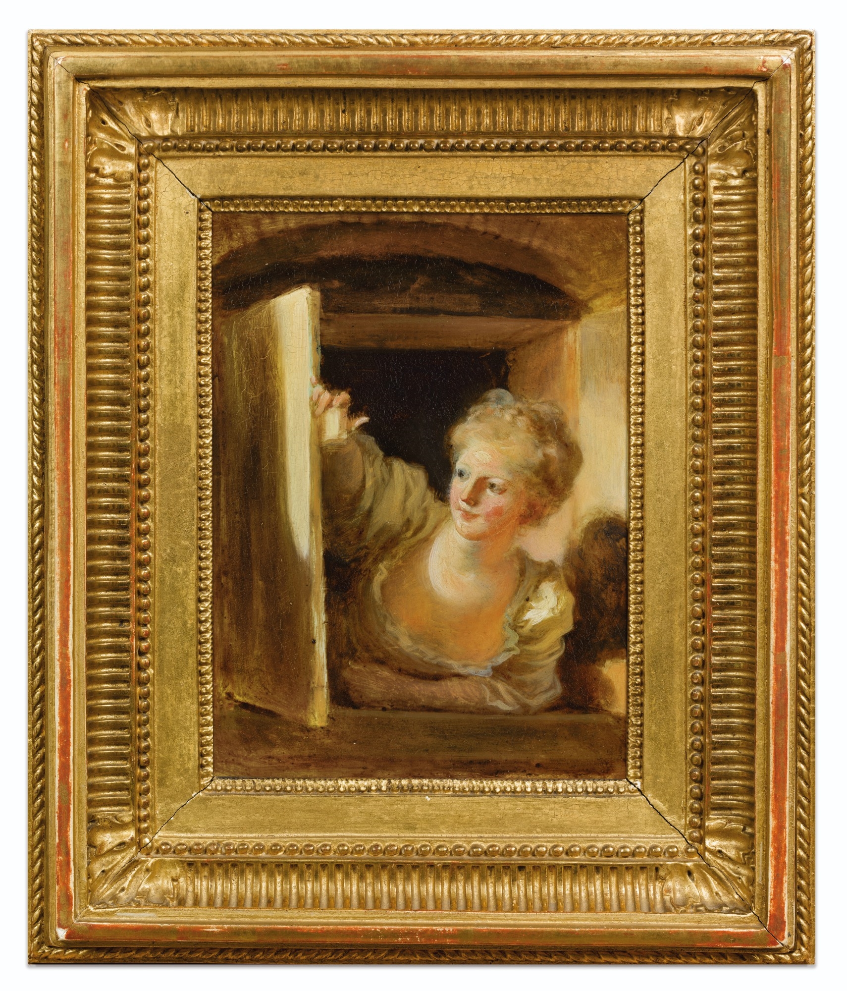 Artwork by Jean-Honoré Fragonard, A YOUNG WOMAN LEANING OUT OF A WINDOW, Made of Oil on panel