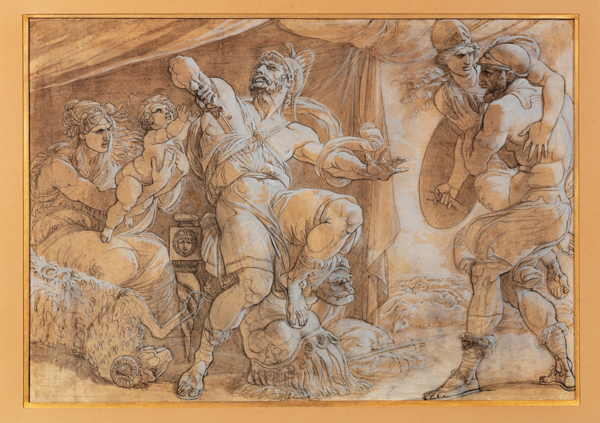 Artwork by Giuseppe Cades, THE SUICIDE OF AJAX, Made of Black chalk, brown ink, brown wash heightened with white on paper