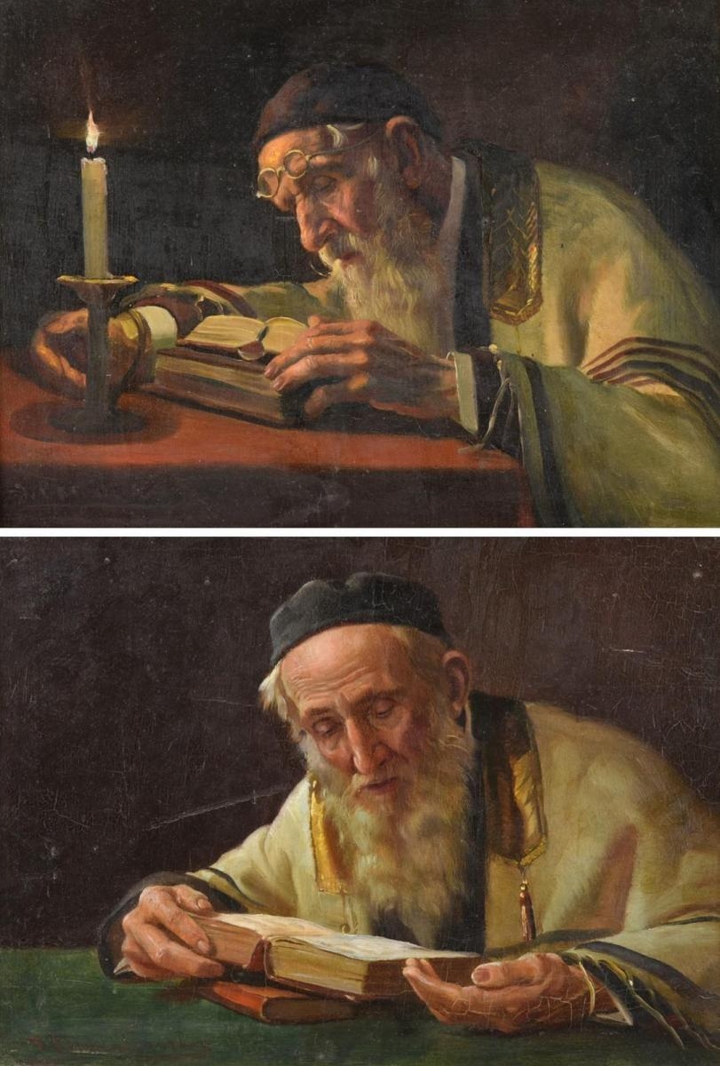 Continental School, 20th Century | Two Works: Rabbi studying by ...