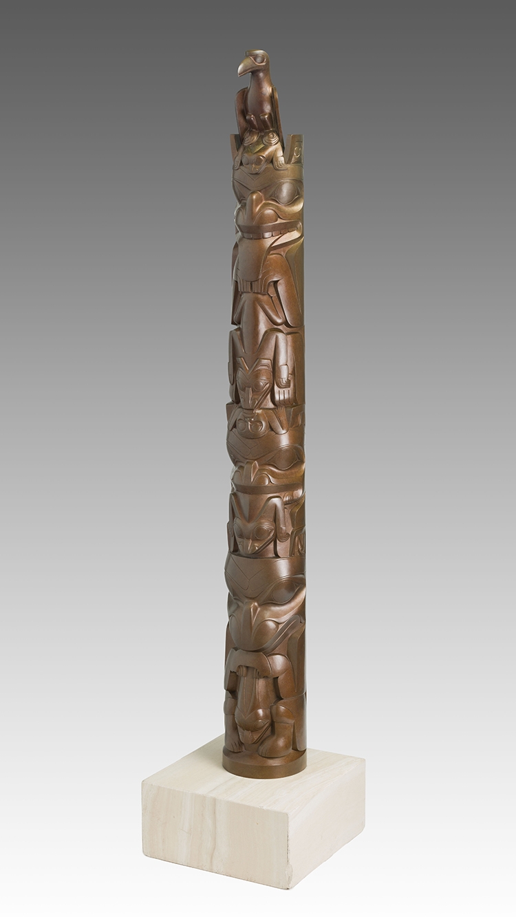 Artwork by James Hart, Totem Pole, Made of bronze sculpture on a marble base