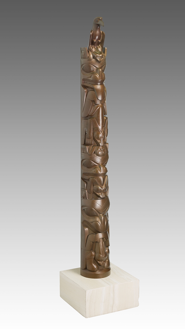 Artwork by James Hart, Totem Pole, Made of bronze sculpture on a marble base