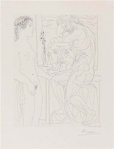 Femme laide devant la Sculpture d'une Marie-Thérèse athlétique appuyée sur un Autoportrait du Sculpteur.