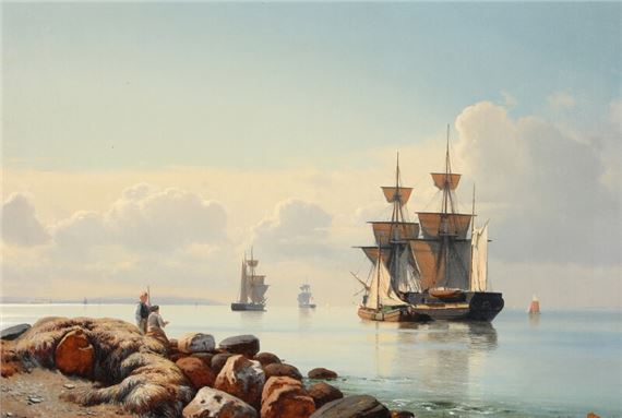 Carl Neumann | Coastal scenery with ships (1858) | MutualArt