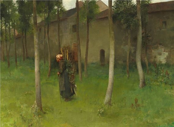 A woman gathering firewood in the outskirts of a village by Henry Siddons Mowbray