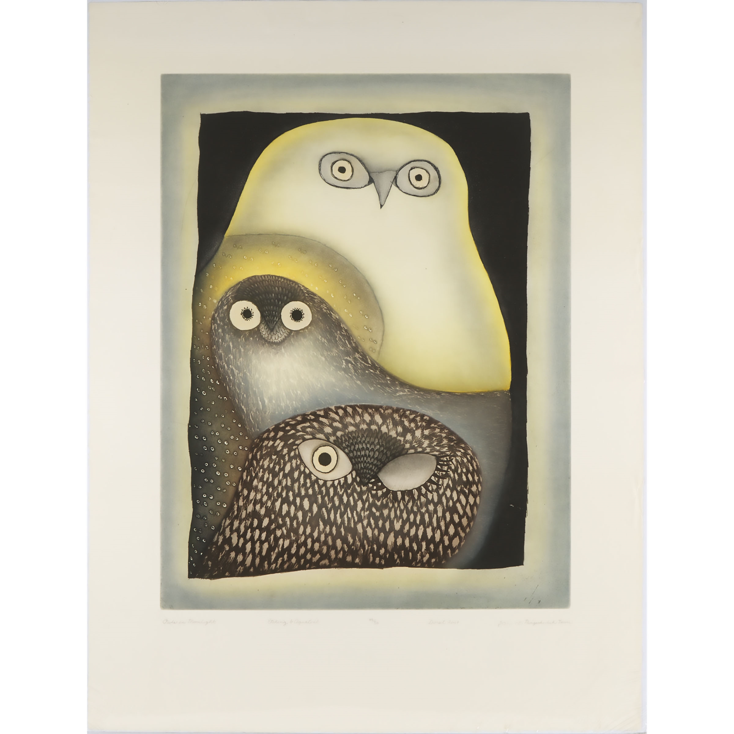 Artwork by Ningeokuluk Teevee, OWLS IN MOONLIGHT, Made of etching and aquatint