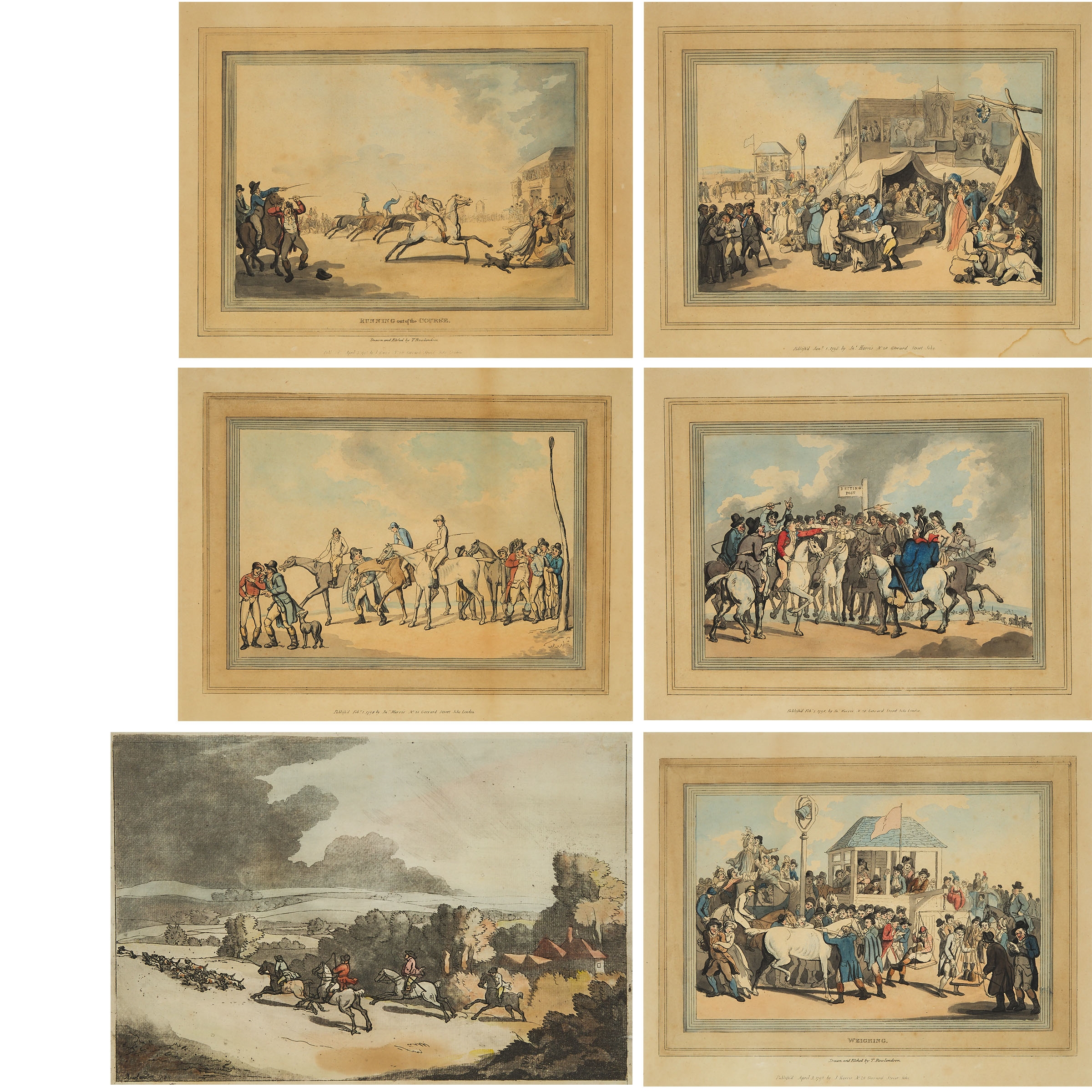SIX PRINTS, INCLUDING FIVE PRINTS FROM THE RACING SERIES, 1798; AND A HUNTING SCENE by Thomas Rowlandson, 1798