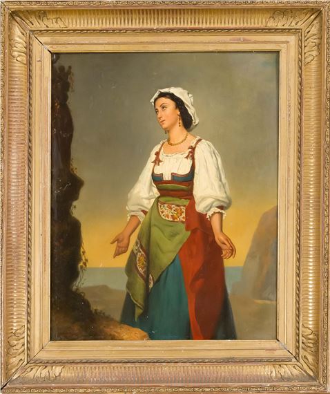 Portrait of a devout Italian woman in front of a cross with a rocky coast in the background by Adolphe Henri Dubasty