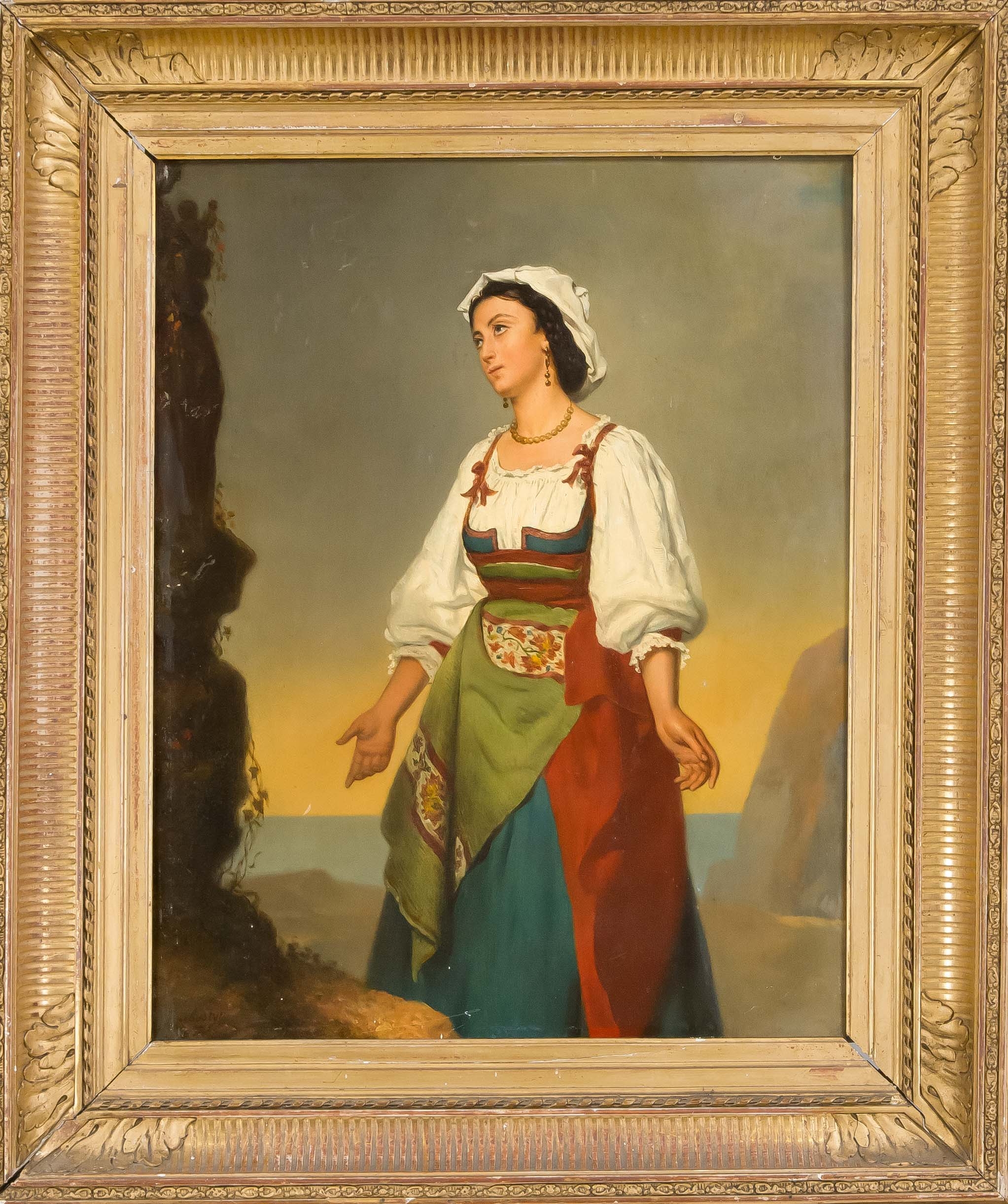 Artwork by Adolphe Henri Dubasty, Portrait of a devout Italian woman in front of a cross with a rocky coast in the background, Made of Oil on wood