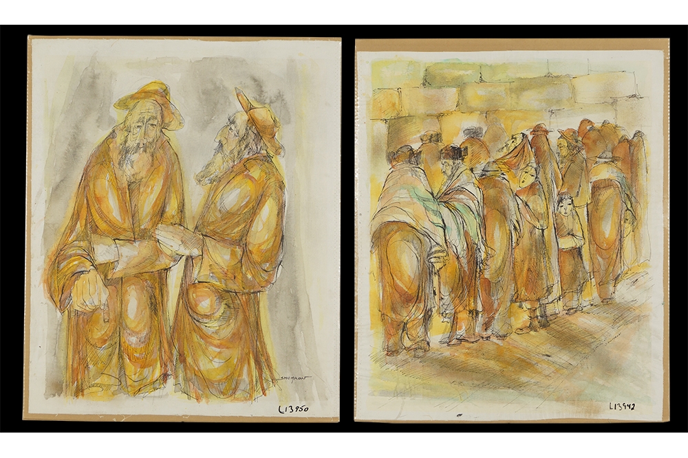 Artwork by M. Shomron, Two Works: 'Wailing Wall' and 'Two Rabbis', Made of canvas