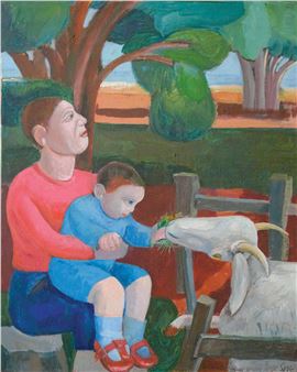 A colorful painting of a seated adult and child feeding a goat.