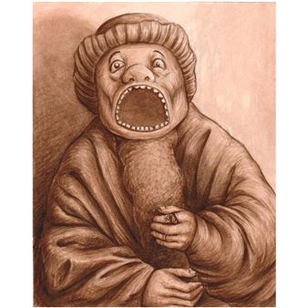 A monochromatic drawing of a figure with an exaggerated open mouth and wide eyes, clutching their chest.