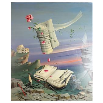 Surreal Scene with Music Sheets and Landscape - Alfredo Dardari