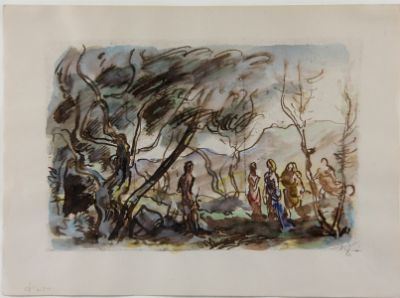 Arkadische Landschaft mit der mythologischen Szene des Paris-Urteils, mittig unter einem Baum der Hirte Paris