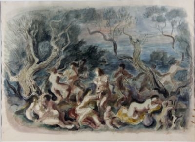 Artwork by Richard Ziegler, Bacchanal, Darstellung eines ausschweifenden Festes mit zahlreichen unbekleideten Personen, die Tanzen, Trinken, Musizieren oder sich miteinander vergnügen, anbei 2 Eroten, Made of watercolor