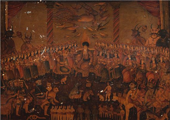 A Qajar lacquer panel or book cover depicting the prophet Suleyman (Solomon)