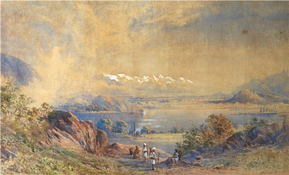 An extensive view of the Kashmir Valley, with the Himalayas in the distance - Colonel Ayrton Pullan